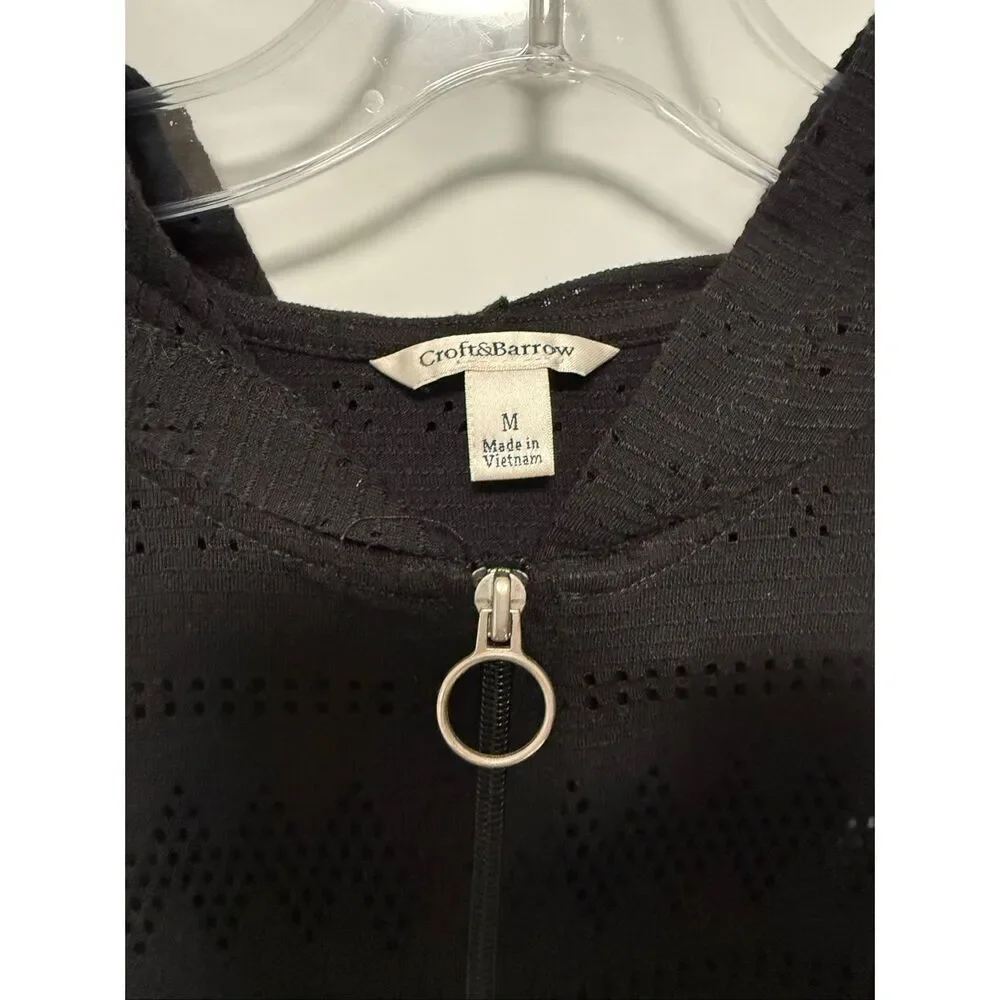 Croft & Barrow black open knit zip front hooded swim cover up size medium